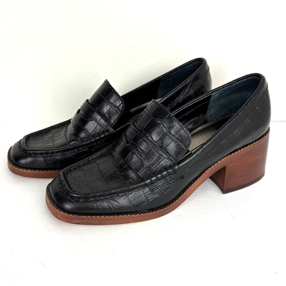 Dolce Vita Talie Black Leather Loafers 8 croc embossed chunky block heel